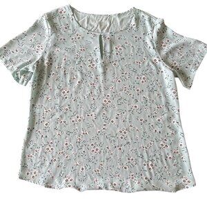 Van Heusen Mint Green Floral Blouse Size L Short Sleeve Split Neck Stretch Top